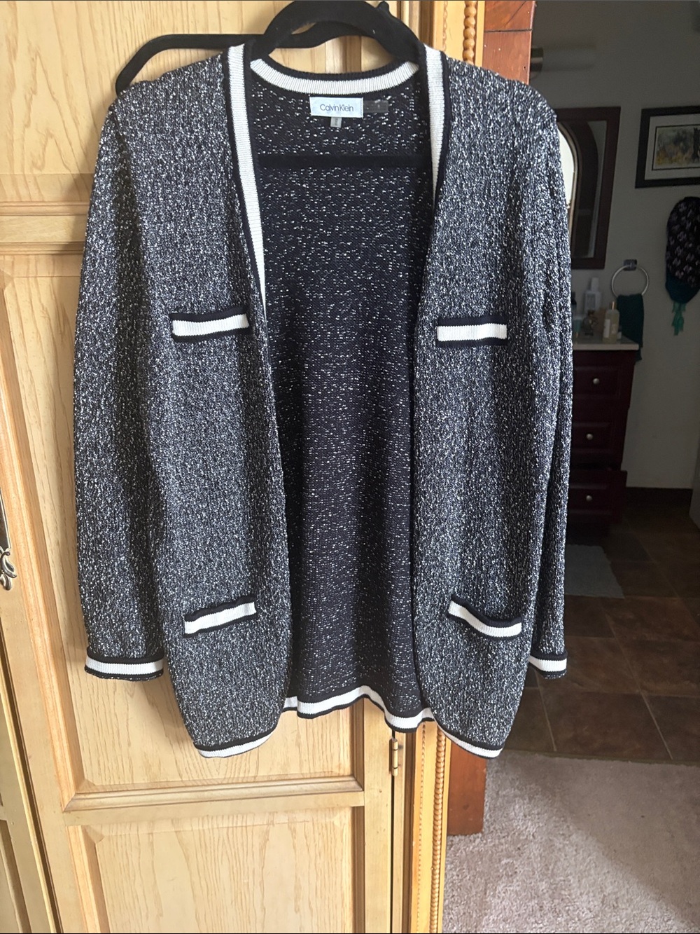 Calvin Klein Black and White Open-Front Textured Cardigan